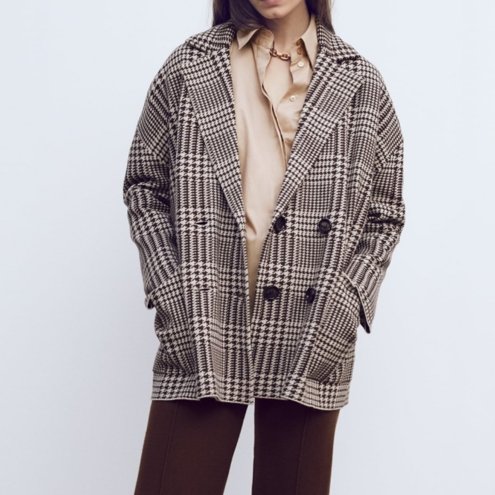 Zara houndstooth knit blazer size small NWT brown